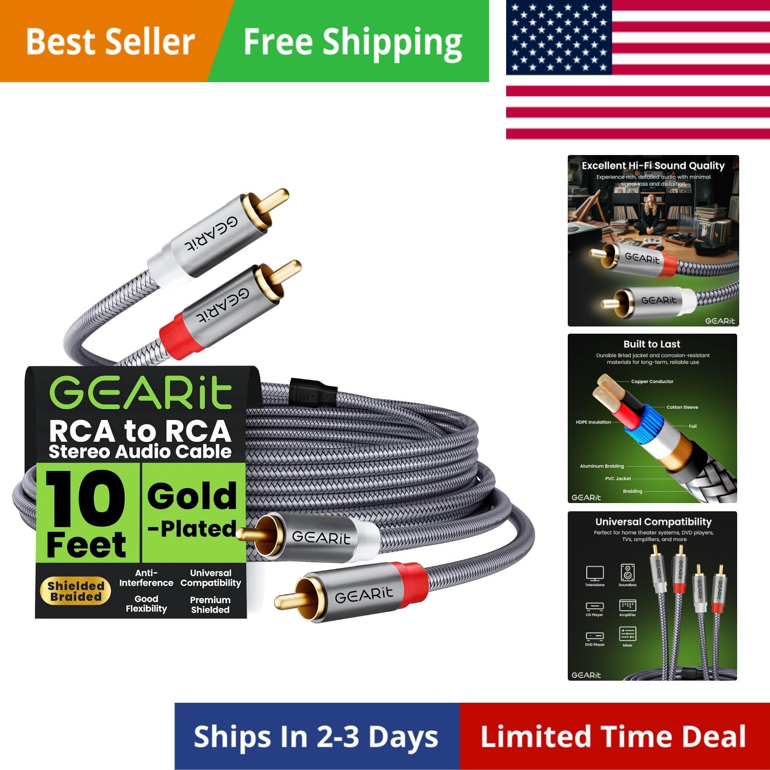 RCA Cable 10FT 2RCA Male to 2RCA Male Stereo Audio Cables Shielded Braided RC...