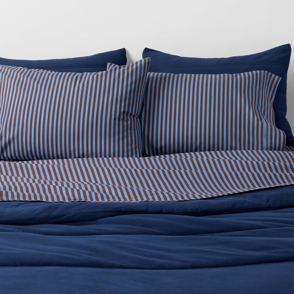 Twin/Twin Extra Long Percale Stripe Sheet Set Blue/Brown - The Hollister