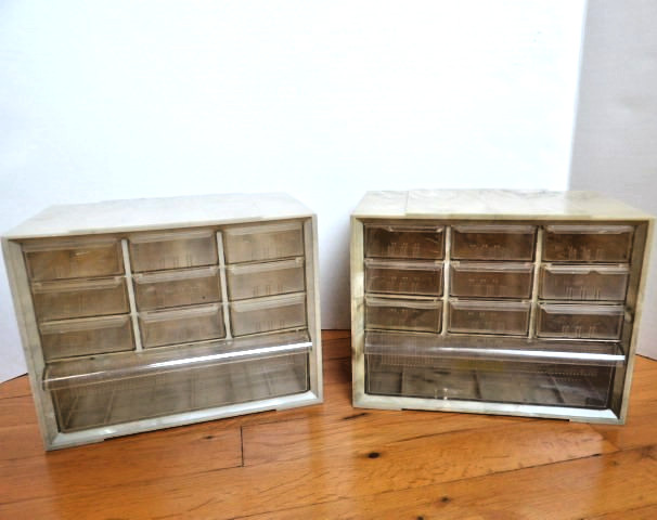 2 AKRO MILS Vintage MCM 10 Drawer Stackable Storage Cabinet Organizers CLEAN