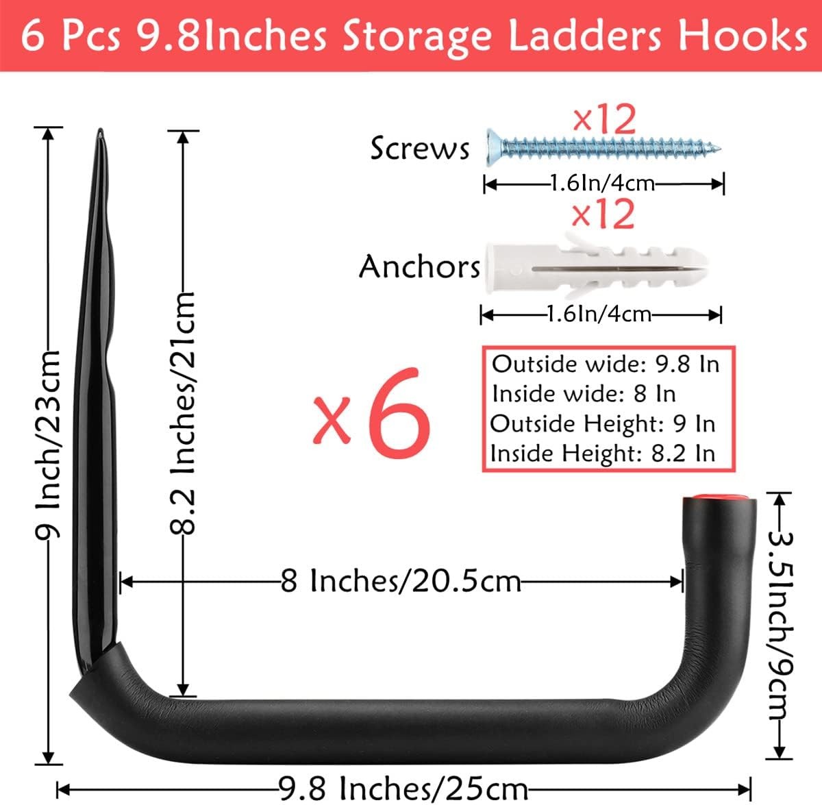 Garage Storage Ladders Hooks, 6 Pack Heavy Duty Utility Hanger, Black + Red