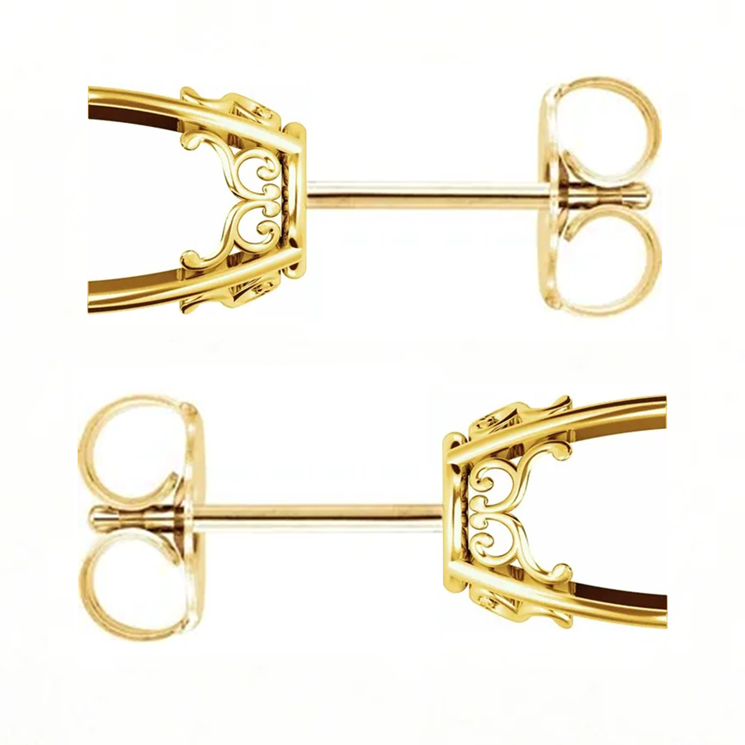 Round Cut Earring Settings 14K Yellow Gold Vintage Scroll Friction Back - 1 Pair
