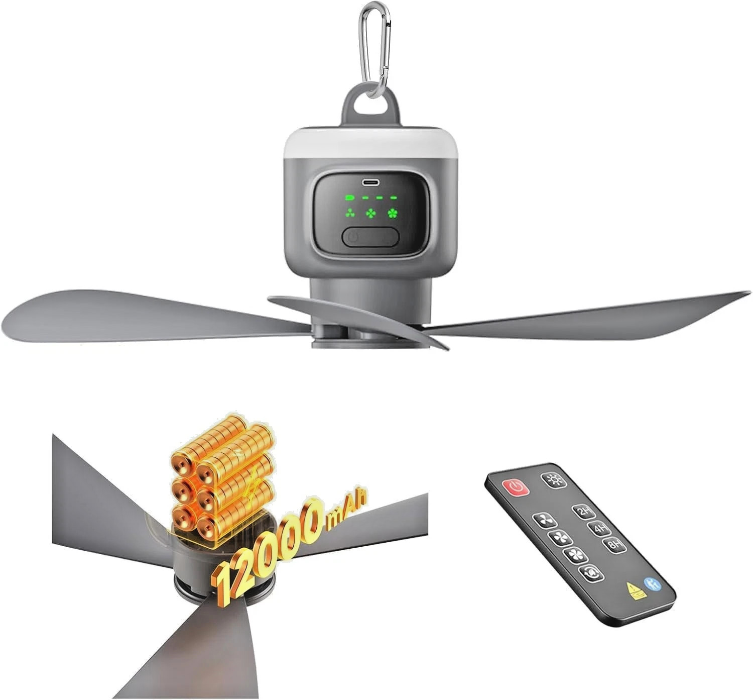 12000mAh Rechargeable Camping Fan LED Light Remote USB Ceiling Tent Portable