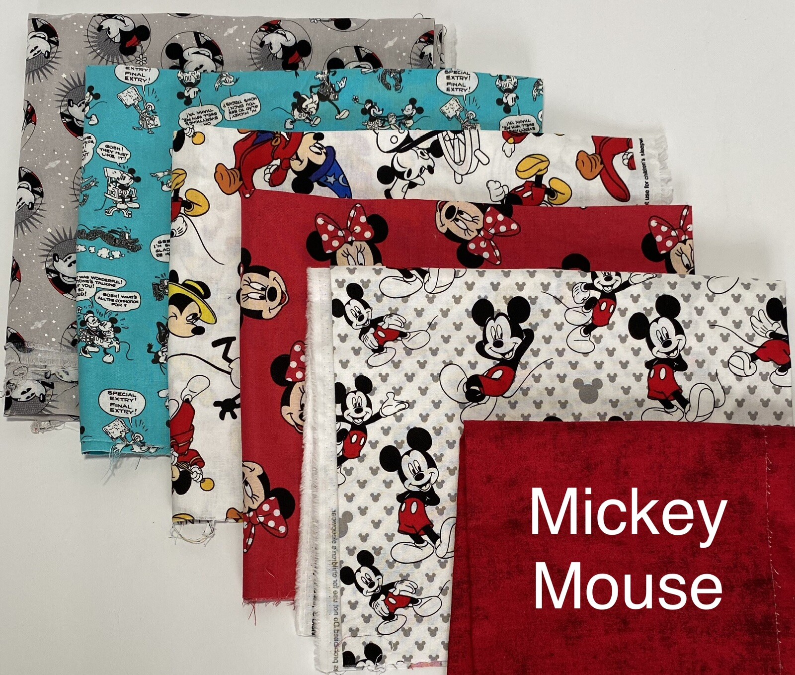 5Pc Disney Mickey Mini Mouse Cotton Fabric Yardage Quilting Red White Comic New