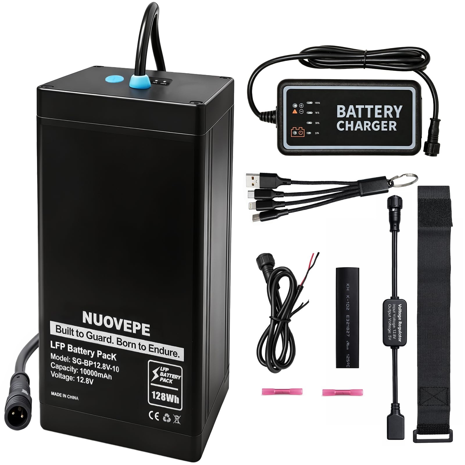 12V 10Ah Portable Lithium Battery Kit with 4-in-1 Charging Cable, Waterproof ...