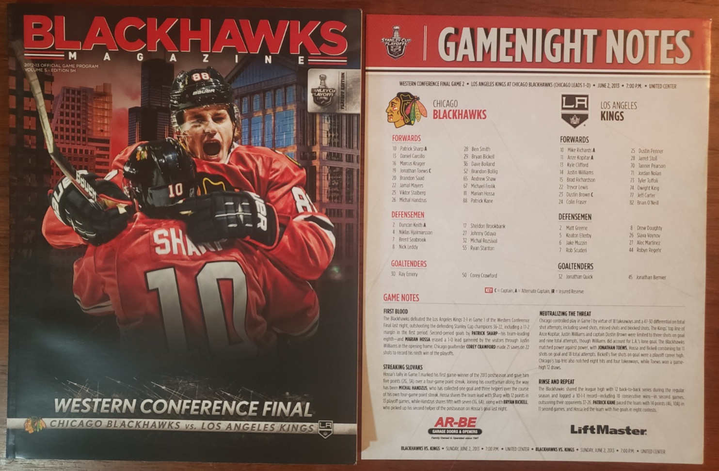 2013 Chicago Blackhawks vs. Los Angeles Kings Playoffs Game 2 Program w/Roster
