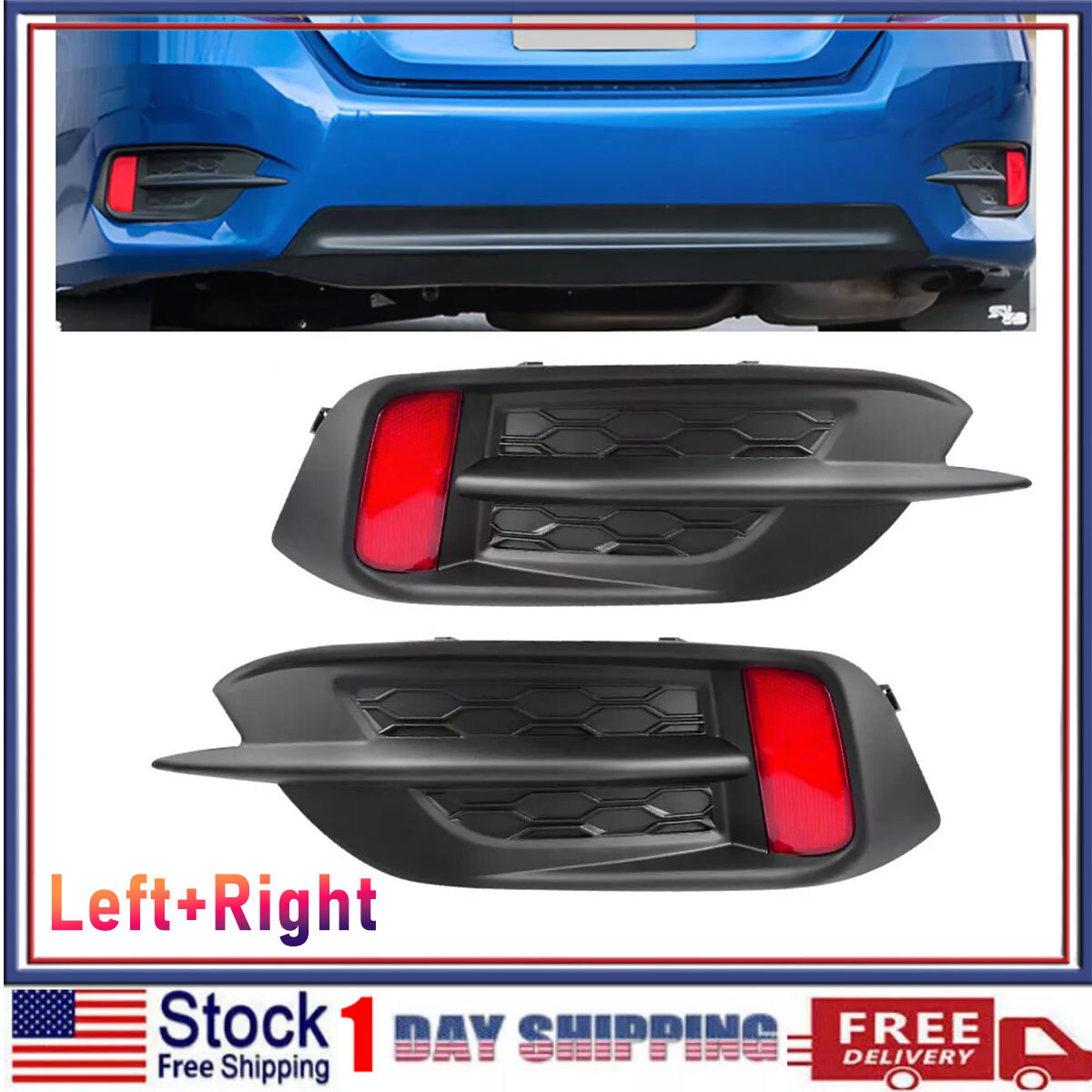 L&R Rear Bumper Reflector Bezel Cover Molding For Honda Sedan Civic 2016-2021
