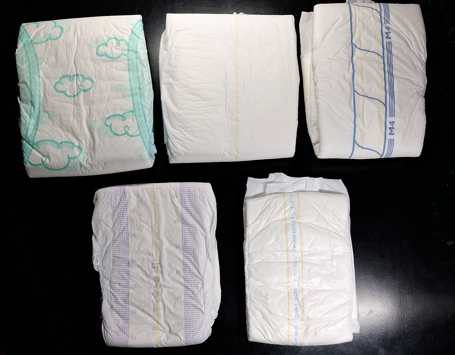 5-PACK Kiddo Rearz Tena Abena Tranquility Plastic Backed Diapers (Size Medium)