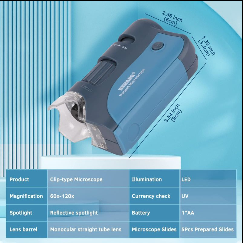 Pocket Microscope, 60x-120x Handheld Mini Kids with LED Lights, 5 Slides