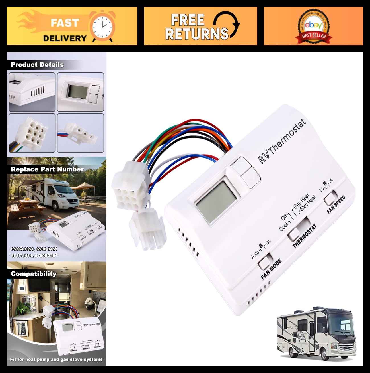 Digital Heat/Cool Thermostat for RVs - Two-Stage, Wall-Mounted, Black/White