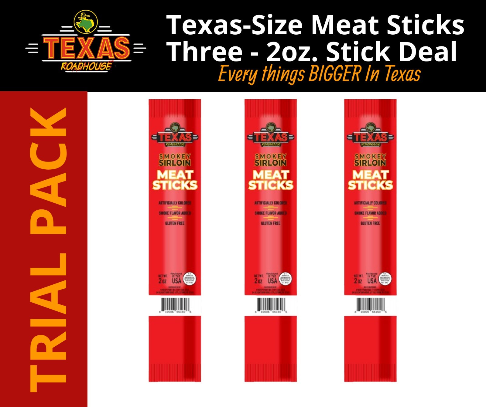 Texas Roadhouse Beef BIG MEAT SNACK STICK Sample Trial Pack 3 - 2 oz Sticks