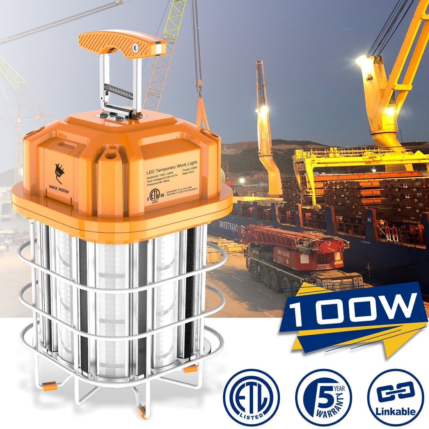 100W LED Temporary Work Light Linkable Construction Jobsite Hanging Lamp 14500LM