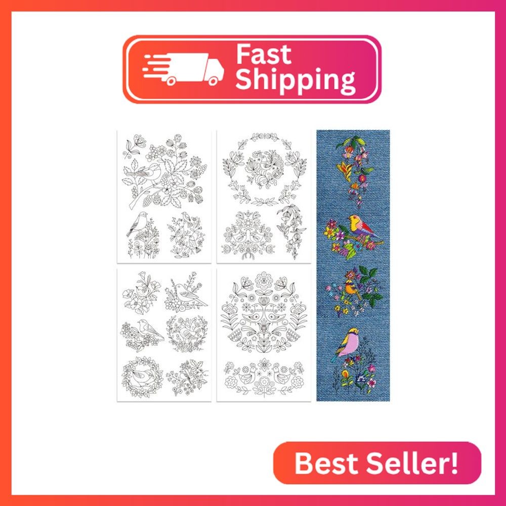 Peacoblue Water Soluble Embroidery Patterns for Beginners 4 Sheets with 14pcs Bi