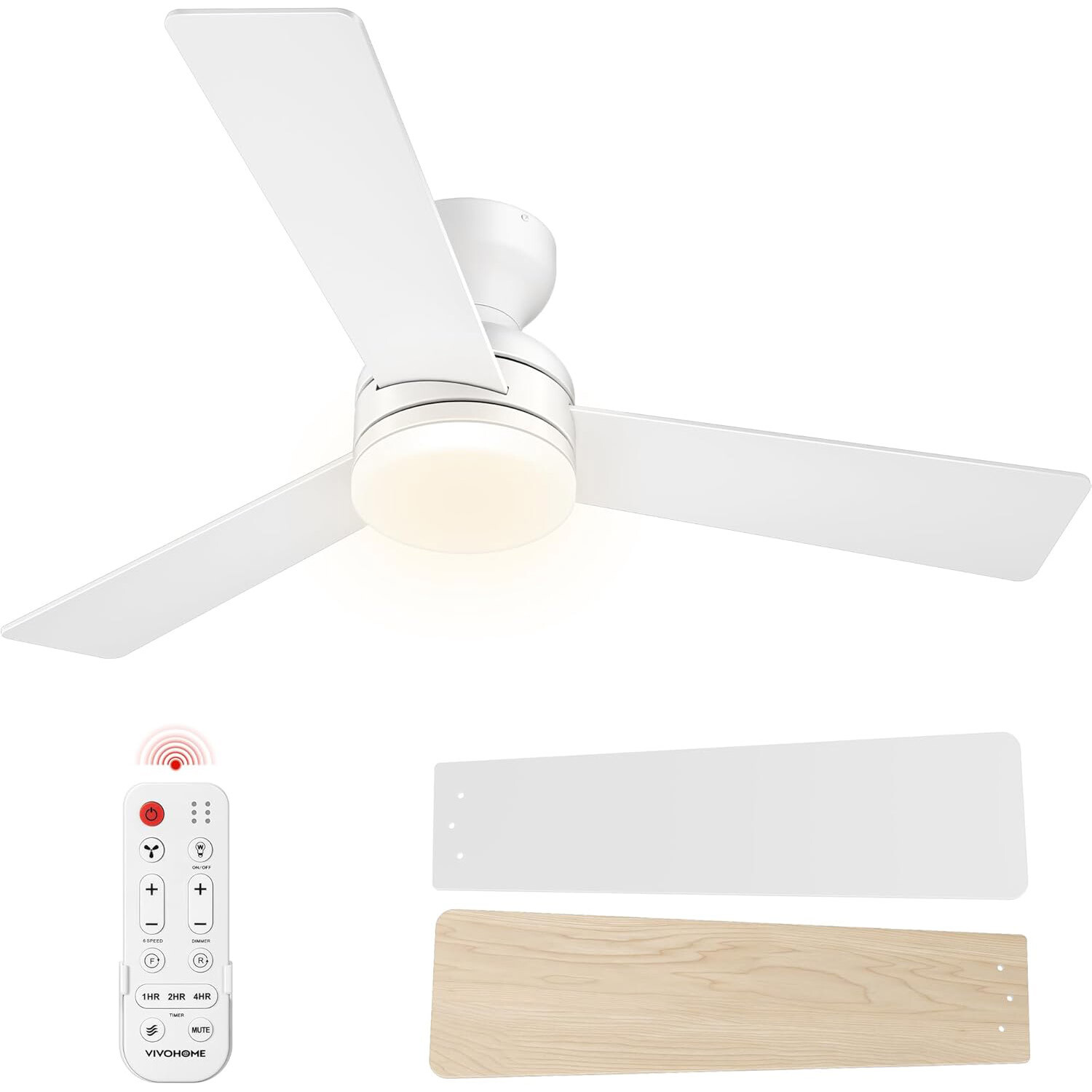 42" Ceiling Fan with Light Low Profile Flush Mount Remote Quiet 6+1 Speed White