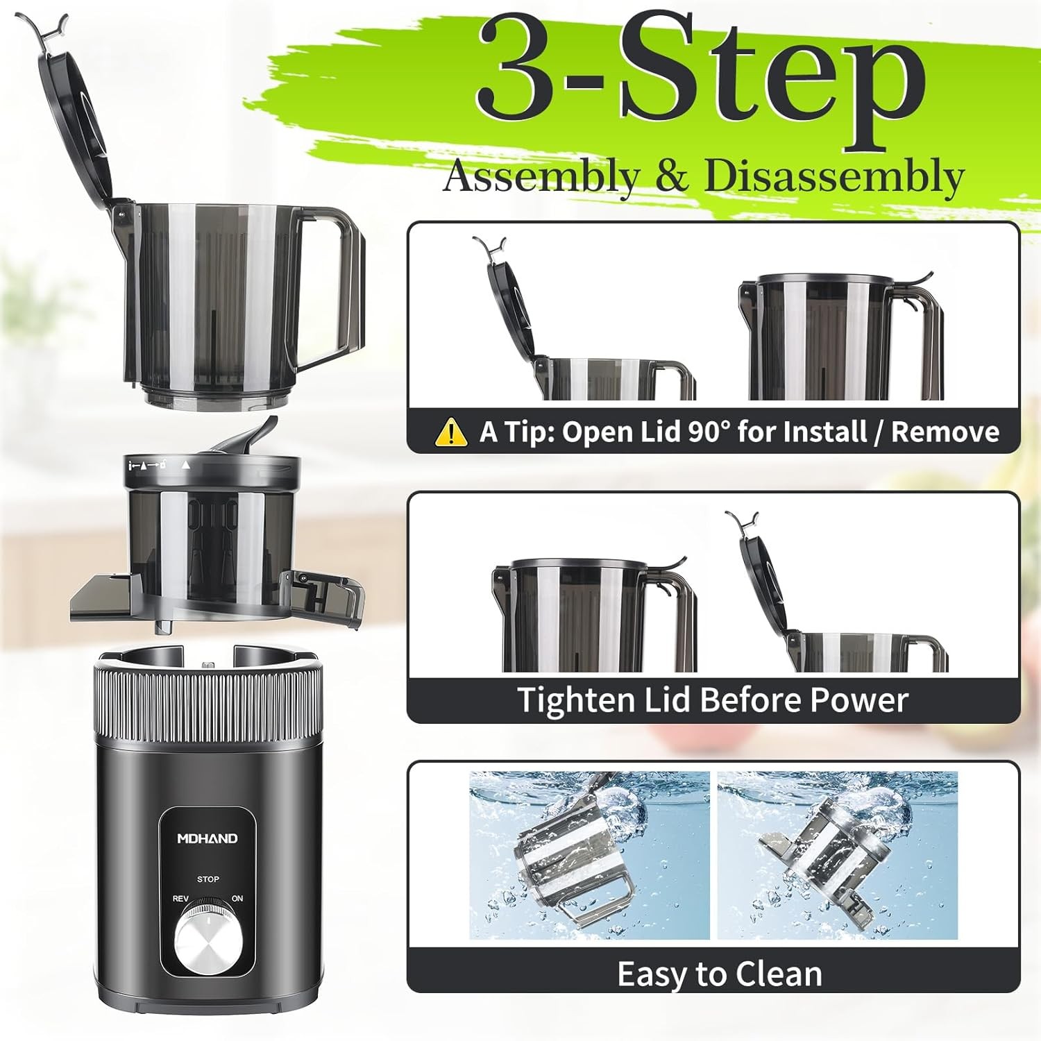 Cold Press Masticating Juicer Machine 4.35" Wide Chute Quiet Juicer Easy Clean