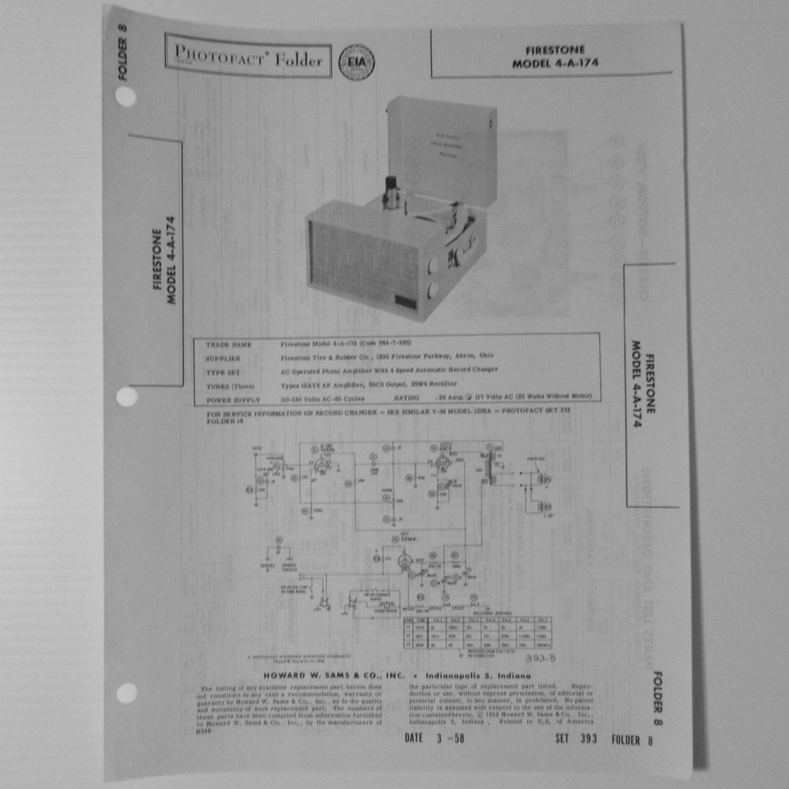 Firestone Model 4-A-174 Portable Record Player Changer SAMS Photofact ™ 1958 New