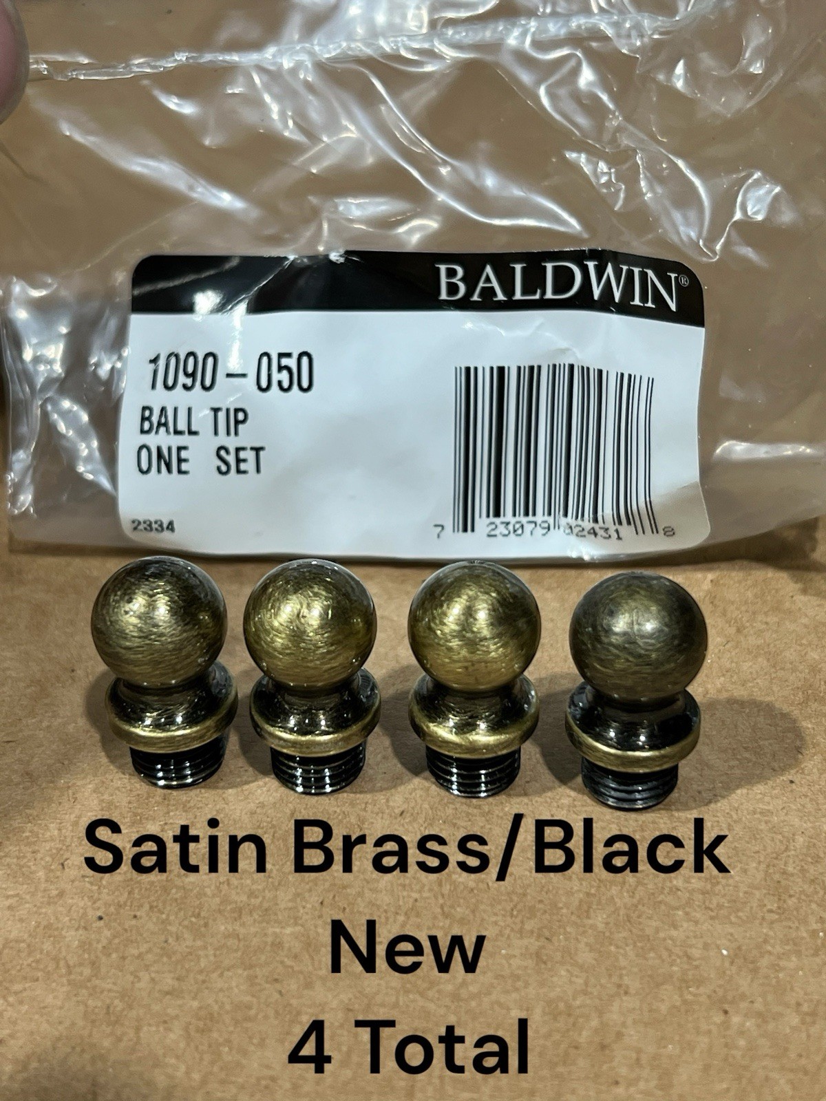 Baldwin 1090-050 Satin Brass Black Finial Ball Hinge Tips Set (4) Total NOS