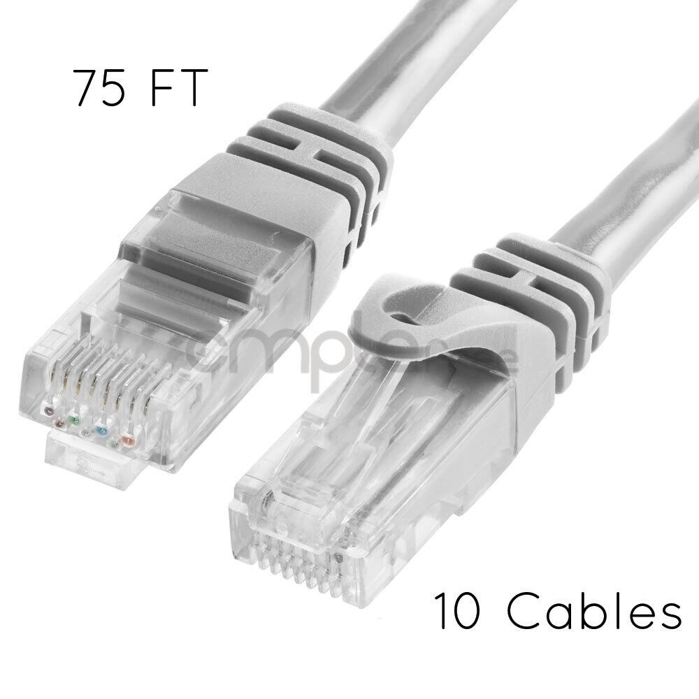 CAT 6 500MHz UTP ETHERNET LAN NETWORK CABLE 75 FT Gray Lot of 10 NEW