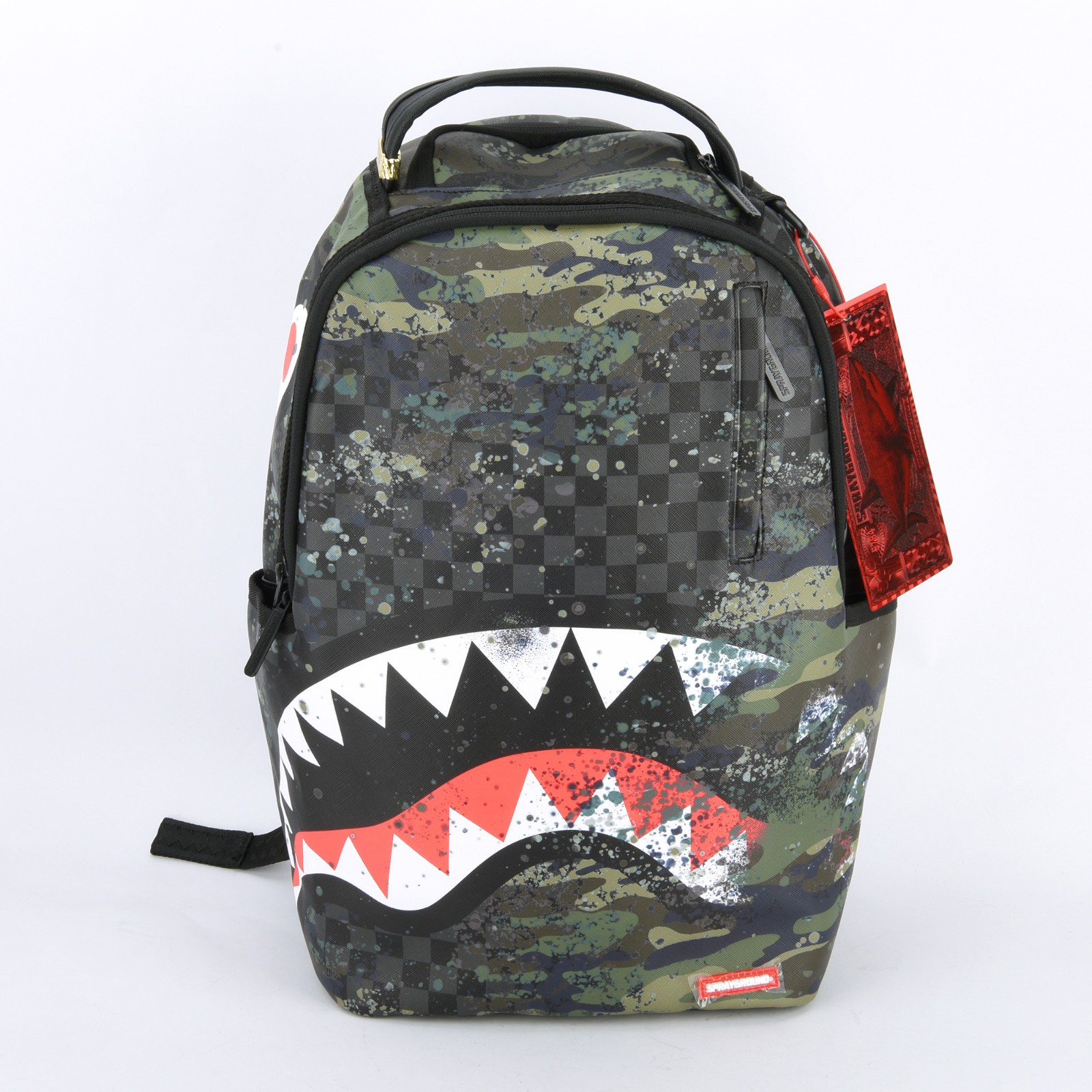 Sprayground Shark T-REX City DLXSV Leather Backpack Unisex Plaid Gray Green Camo