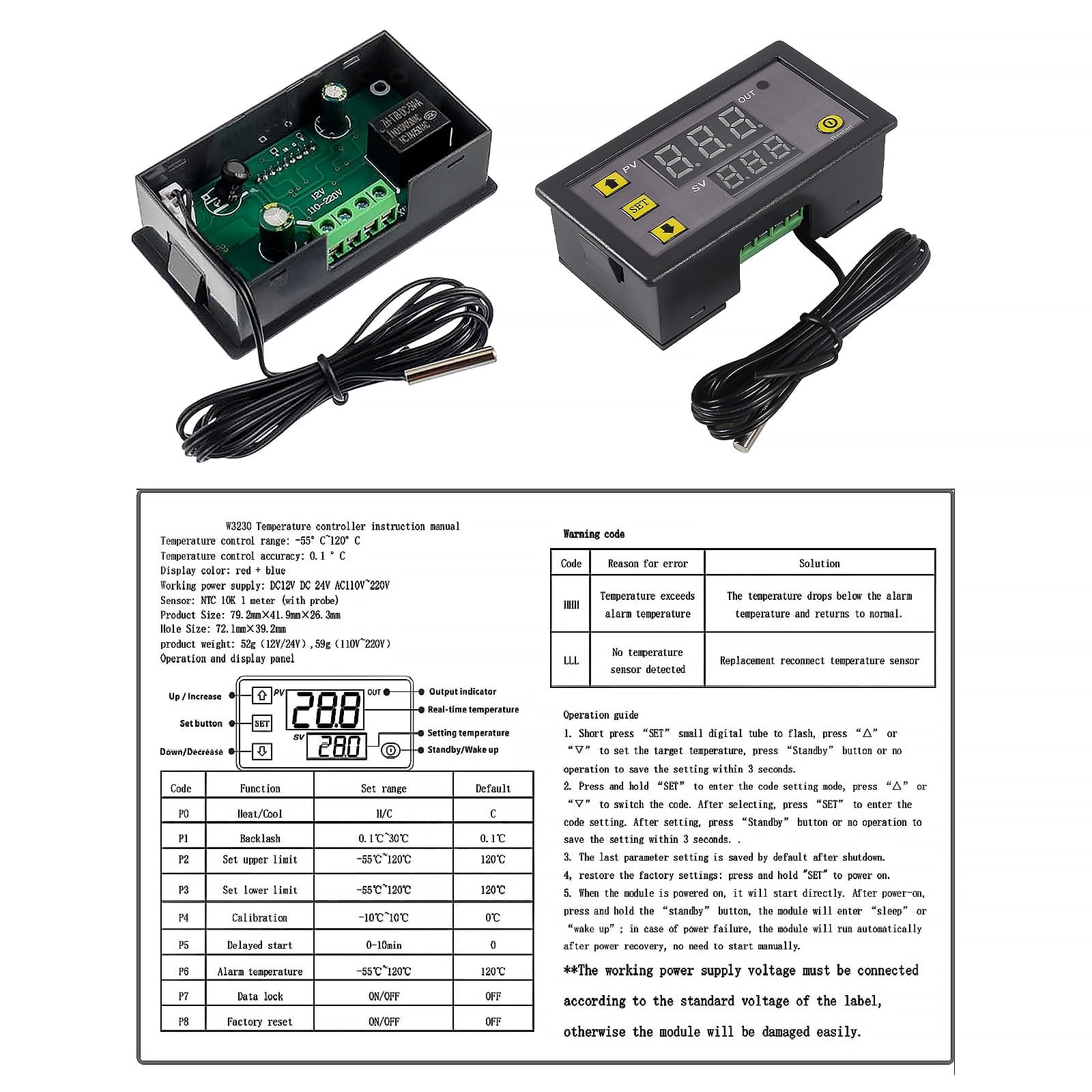 Coliao 2pcs Digital Temperature Controller W3230 Digital LED Thermostat Switc...