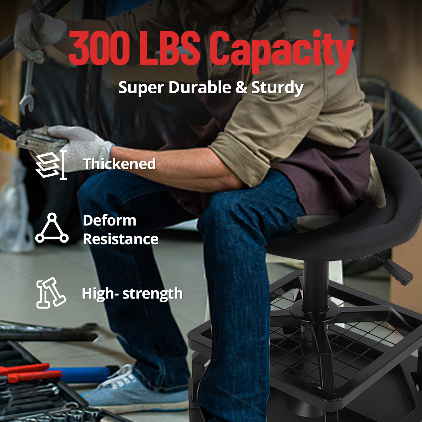 Rolling Garage Stool 300LBS Capacity Ample Tool Tray Storage Adjustable Height