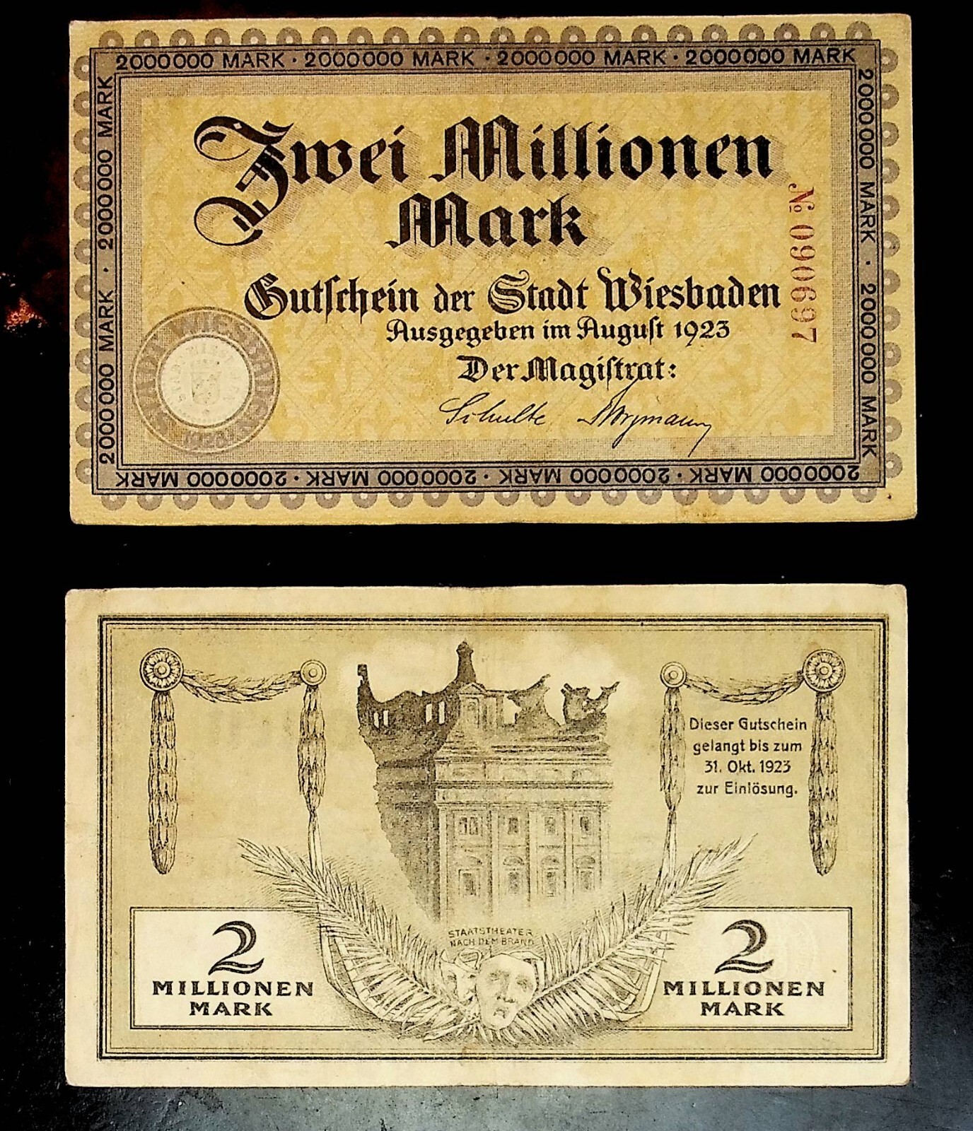 1923 Germany  WIESBADEN 2 Million / 2.000.000 Mark Banknote