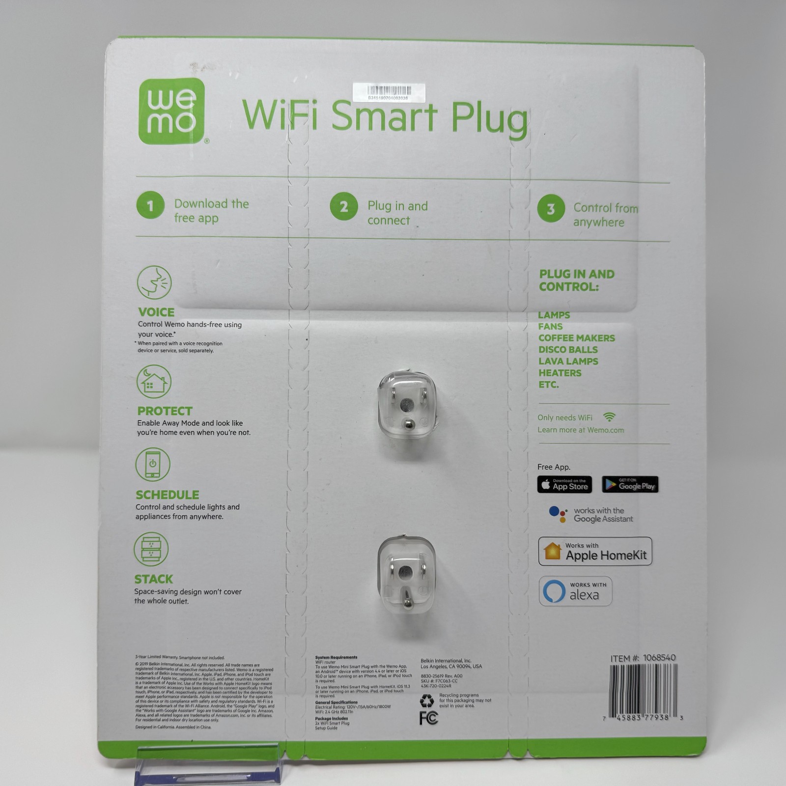 Wemo WiFi Smart Plug 2 Pack White 1068540 Apple HomeKit Alexa Google Assistant