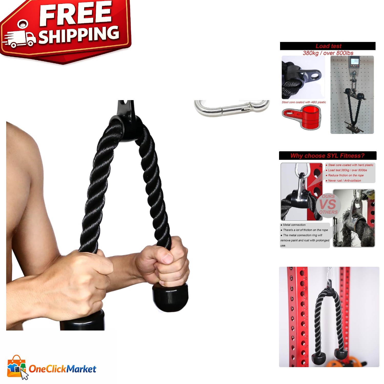 High-Quality Nylon Tricep Rope - Adjustable 27 & 36 Inch Lengths for Workouts