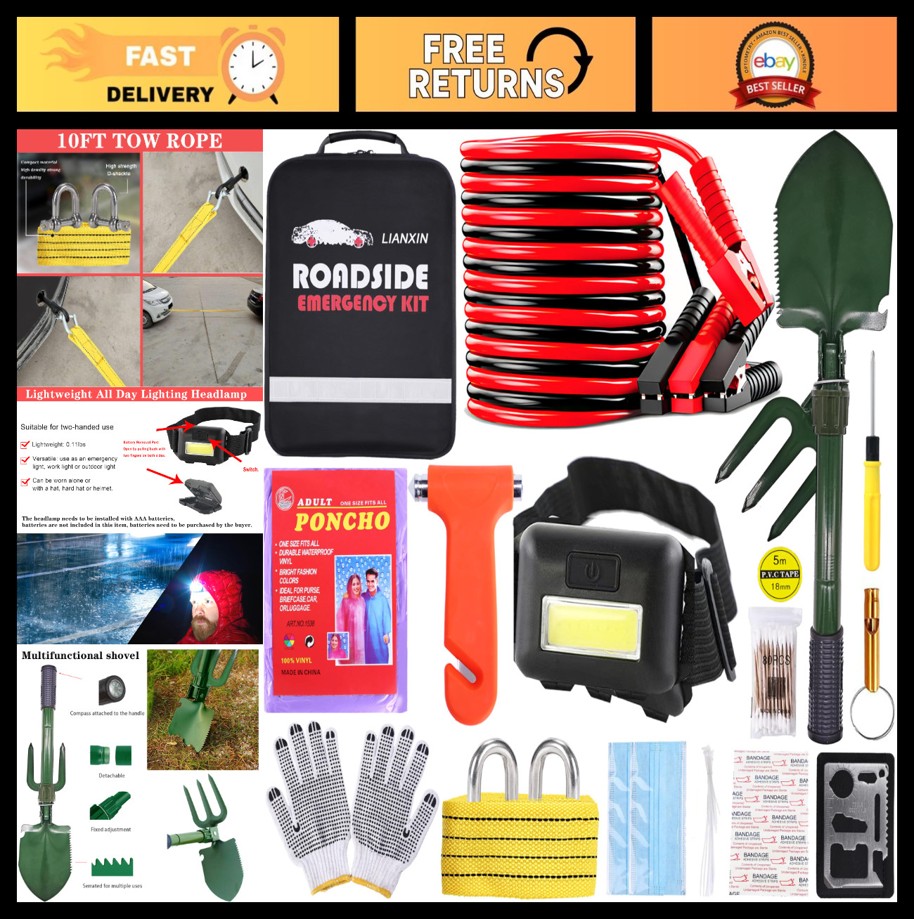 Emergency Car Kit - Automotive Safety Kit with Jumper Cables, Safety Hammer, Hea