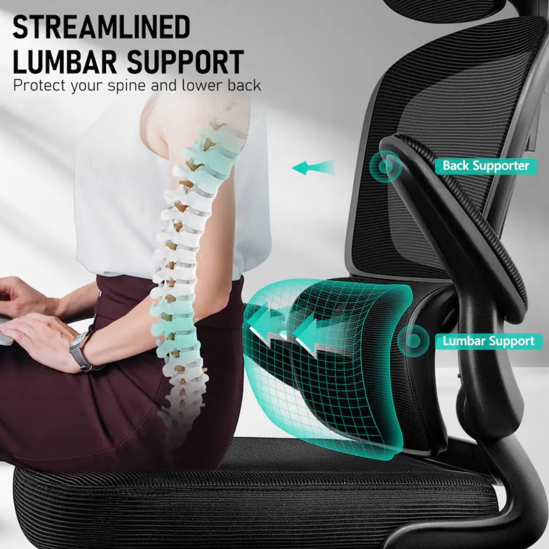 KERDOM HIGH BACK ERGONOMIC BREATHABLE MESH DESK CHAIR LUMBAR SUPPORT - BLACK