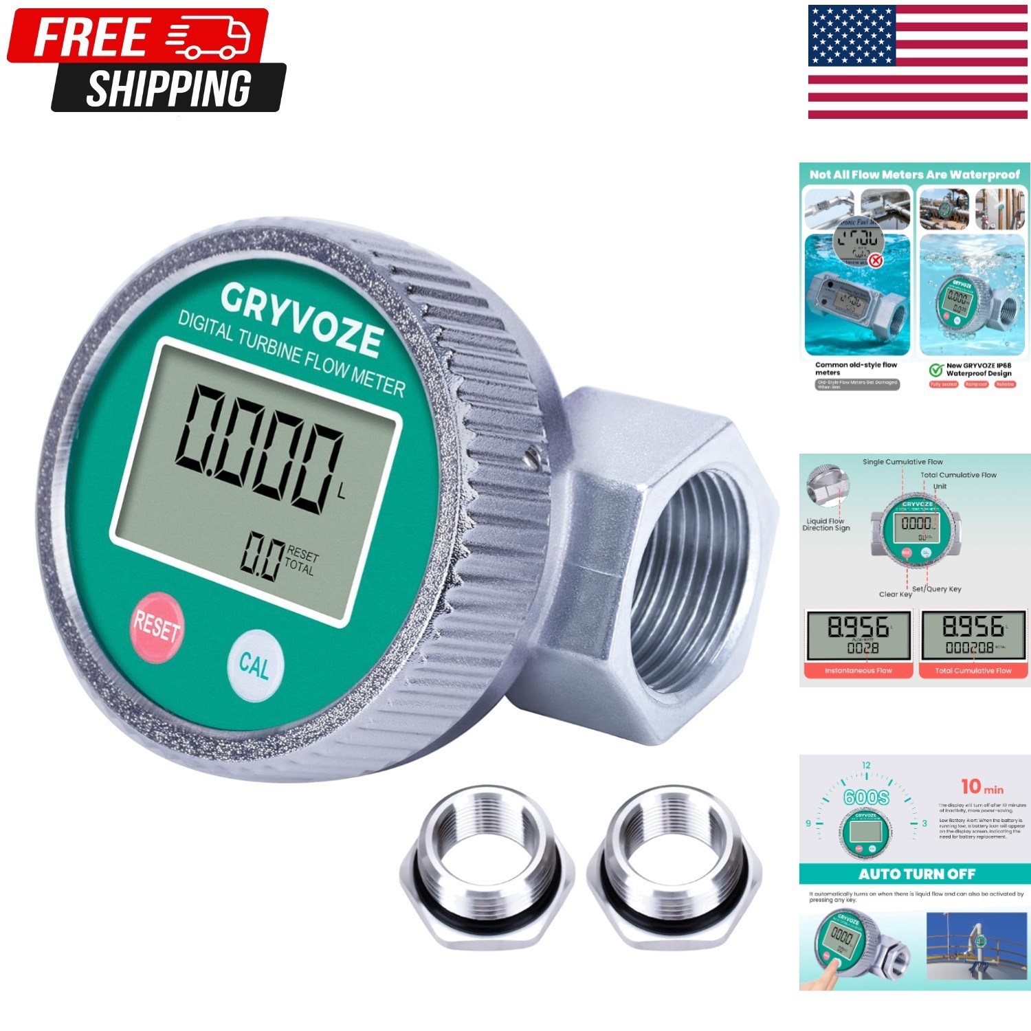 1" Digital Water & Fuel Flow Meter 2.4-26.4 GPM Waterproof Inline NPT