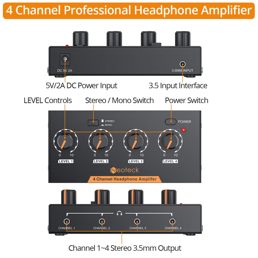 Neoteck 4 Channel Stereo Headphone Amplifier + Headphone Amplifier Gain Switch