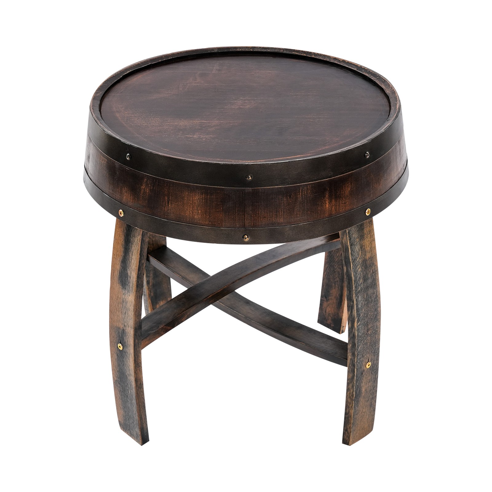 Rustic Oak Wood Barrel-Style Round End Table Brown Side Table