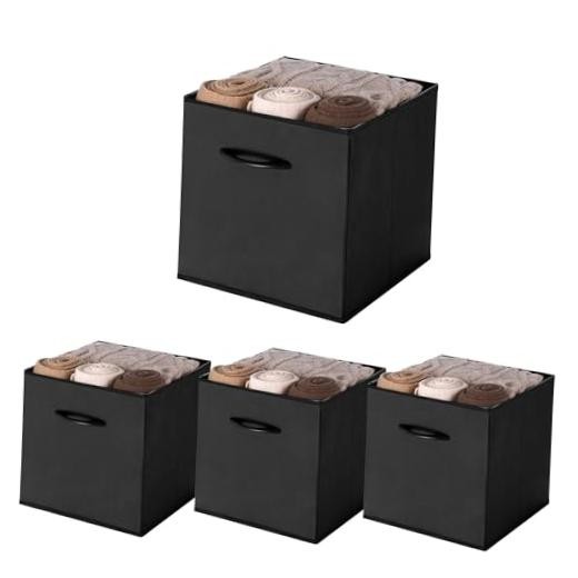 11-Inch Black Cube Storage Bins, Leather Front, 4-Pack | Cubby Organizer