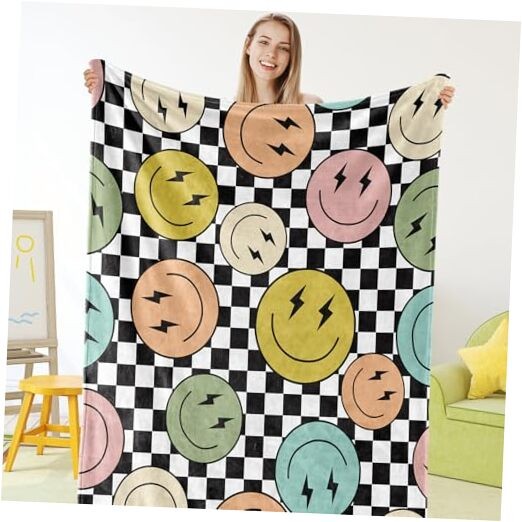 Fuzzy Flannel Blanket Hippie Smile Face Checkerboard Throw Blanket for Home