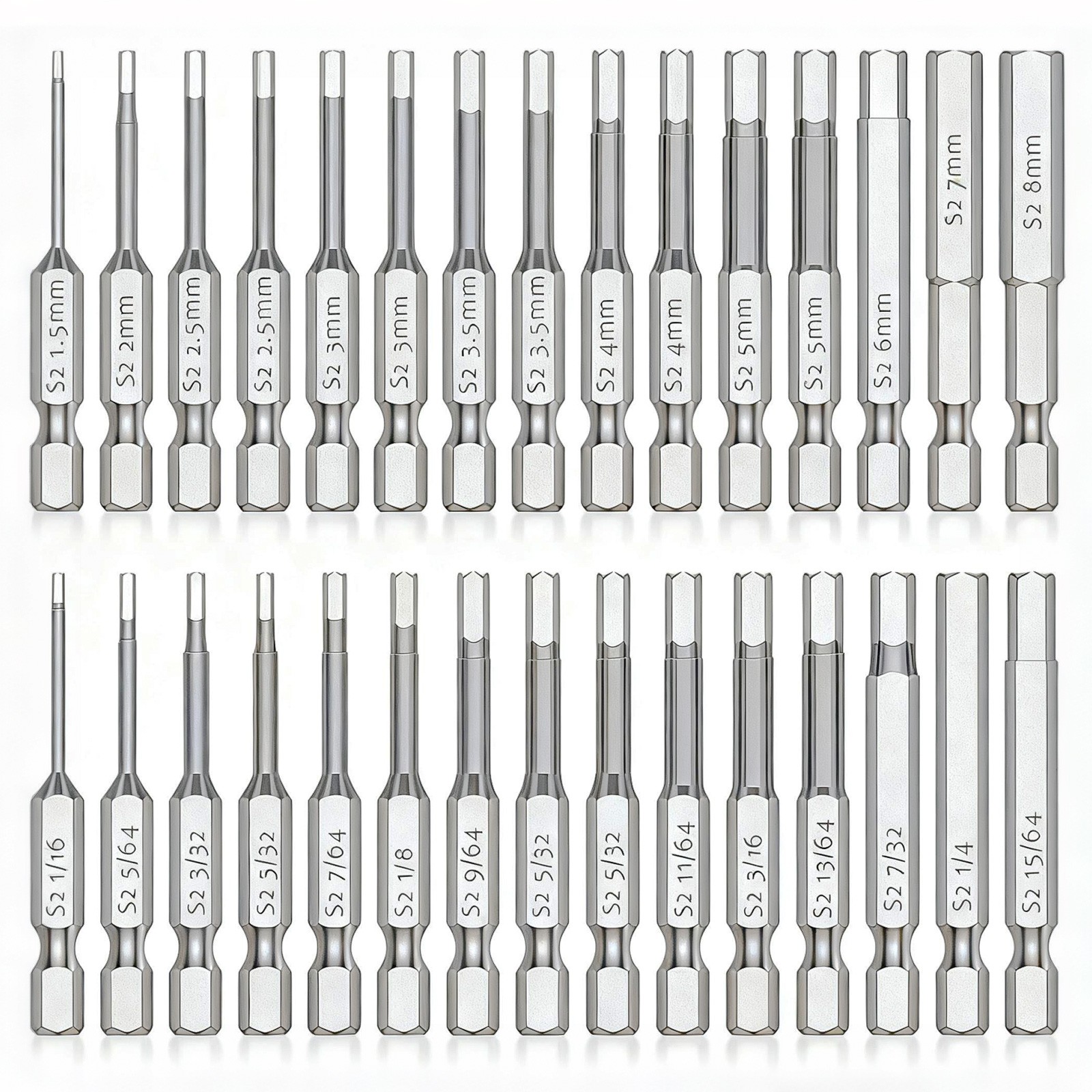 30pcs Hex Head Allen Wrench Drill Bit 1/4" Shank Metric & SAE Magnetic Tips Tool