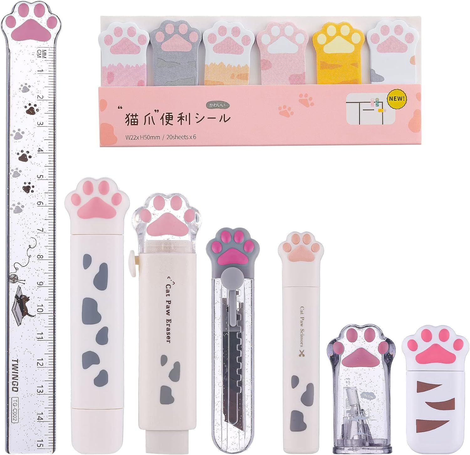 8 Pcs Cute Cat Paw Stationery Set Kawaii School Supplies Including White
