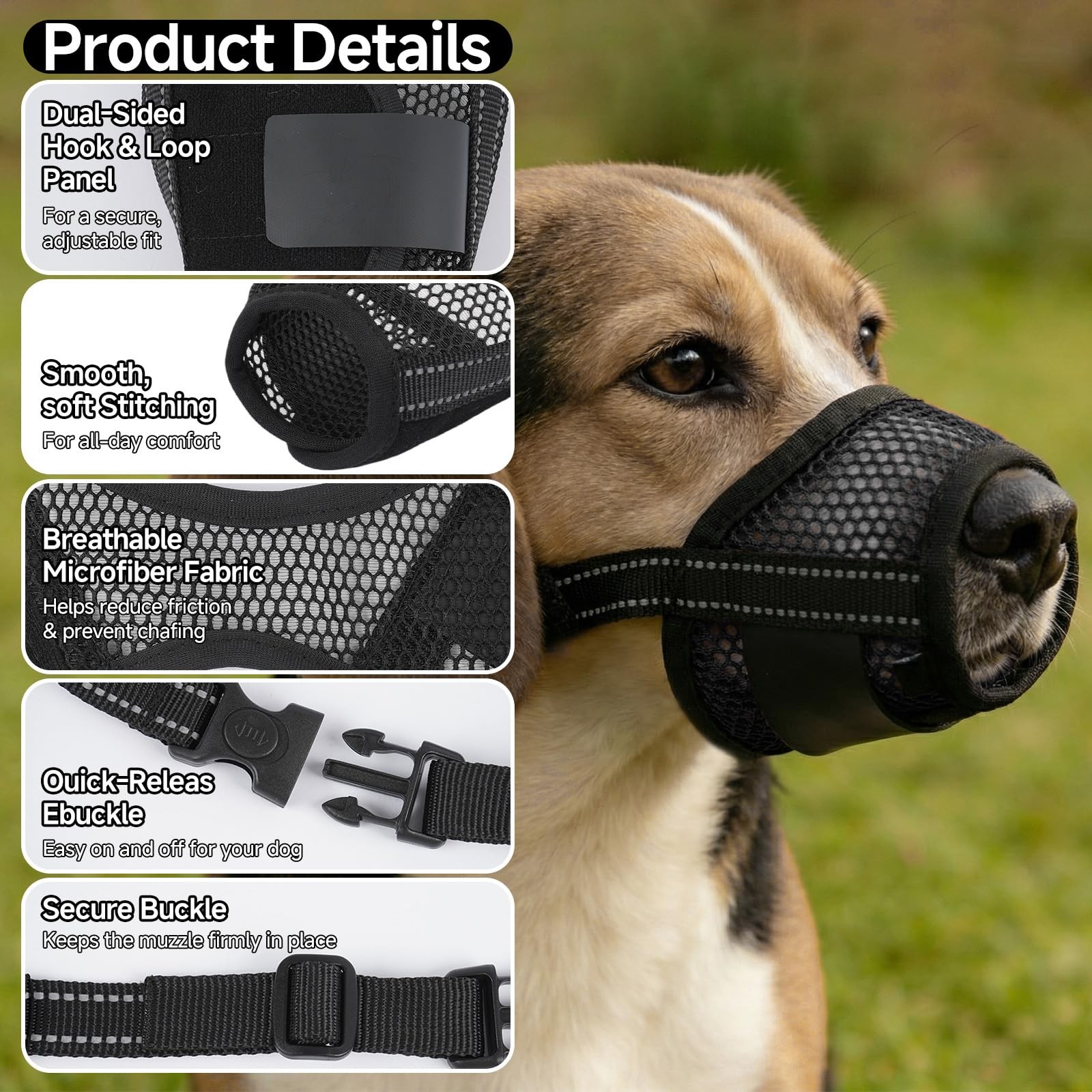 Dog Muzzle Soft Mesh Adjustable Pet Nylon Muzzles Breathable Reflective 2 PCS