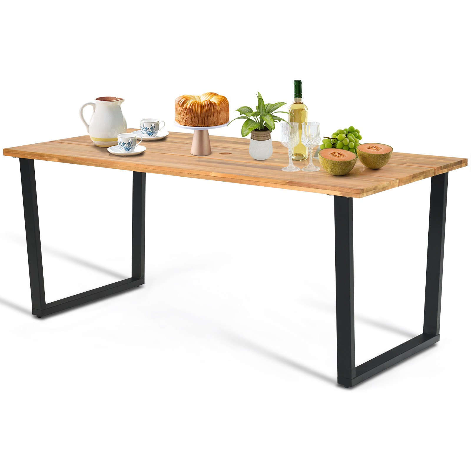 Patio Rectangle Dining Table Acacia Wood W/2" Umbrella Hole Indoor&Outdoor Deck
