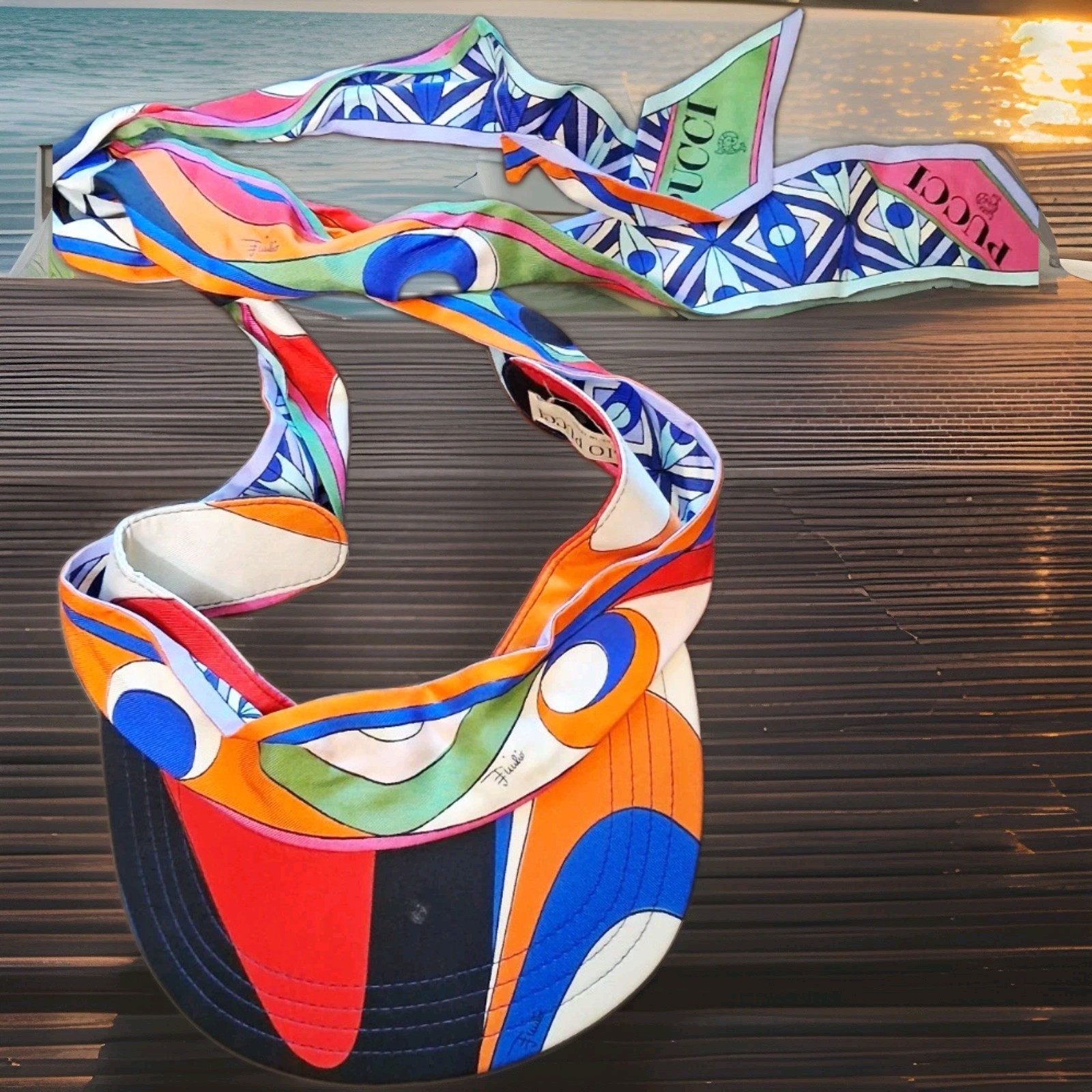 Emilio Pucci Womens Silk Visor Hat Multicolor Psychedelic Print Tie Made Italy