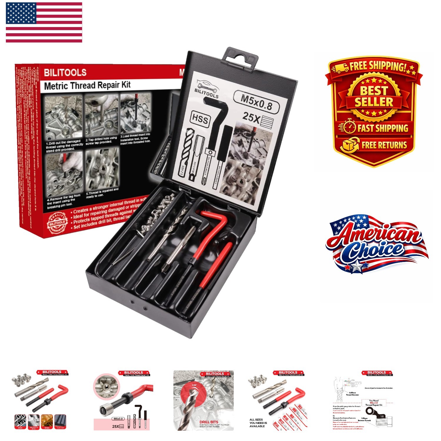 Versatile M5x0.8 Thread Repair Kit for Metals & Polymers - HSS Drill Included