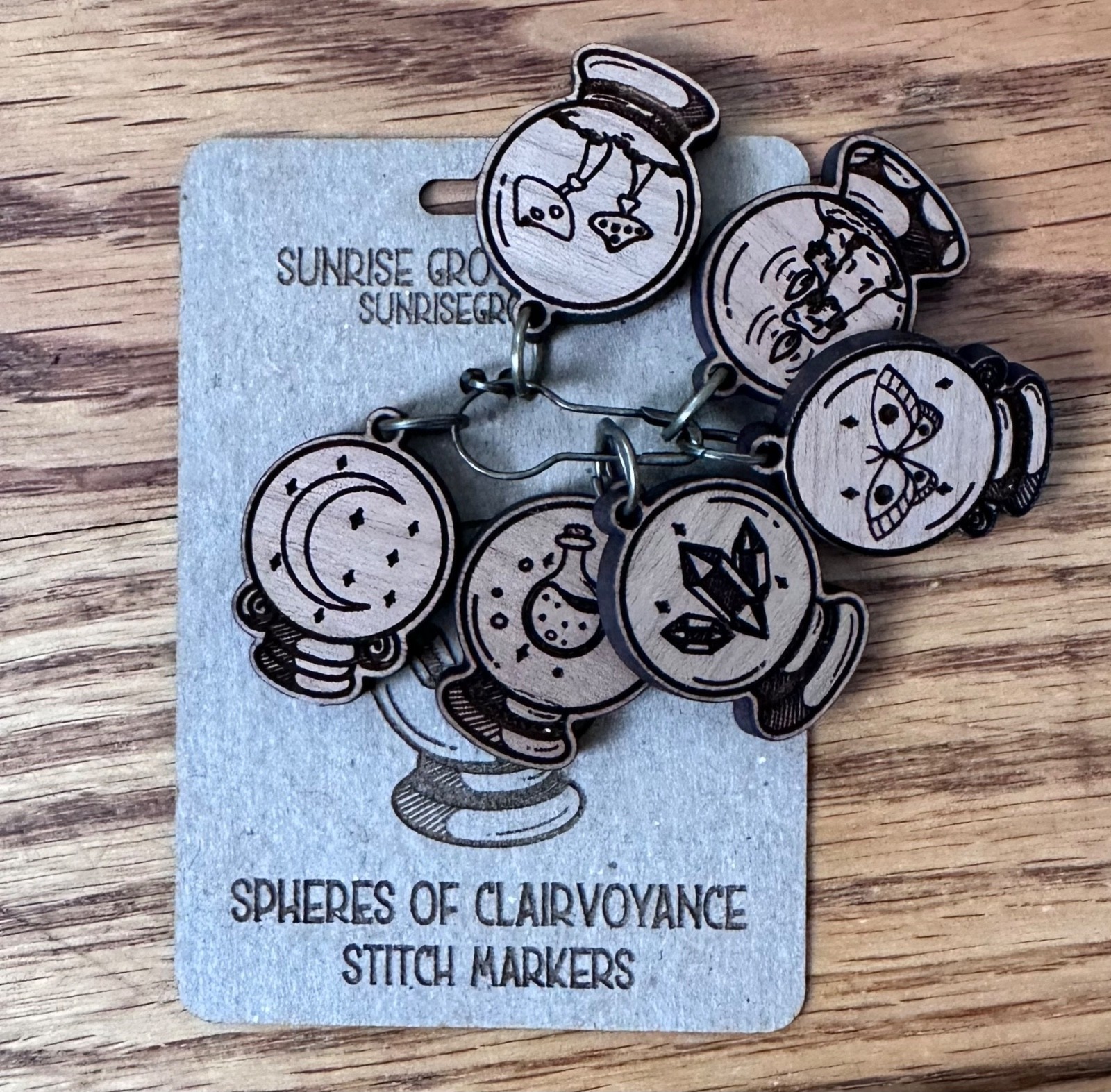 New 6 ct Sunrise Grove Stitch Markers, Wooden, Knitting, Spheres of Clairvoyance