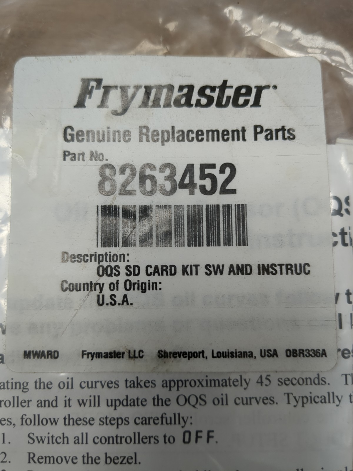 Frymaster 8263452 OQS Software Update Kit OEM New Includes USB & Sealed SD Card
