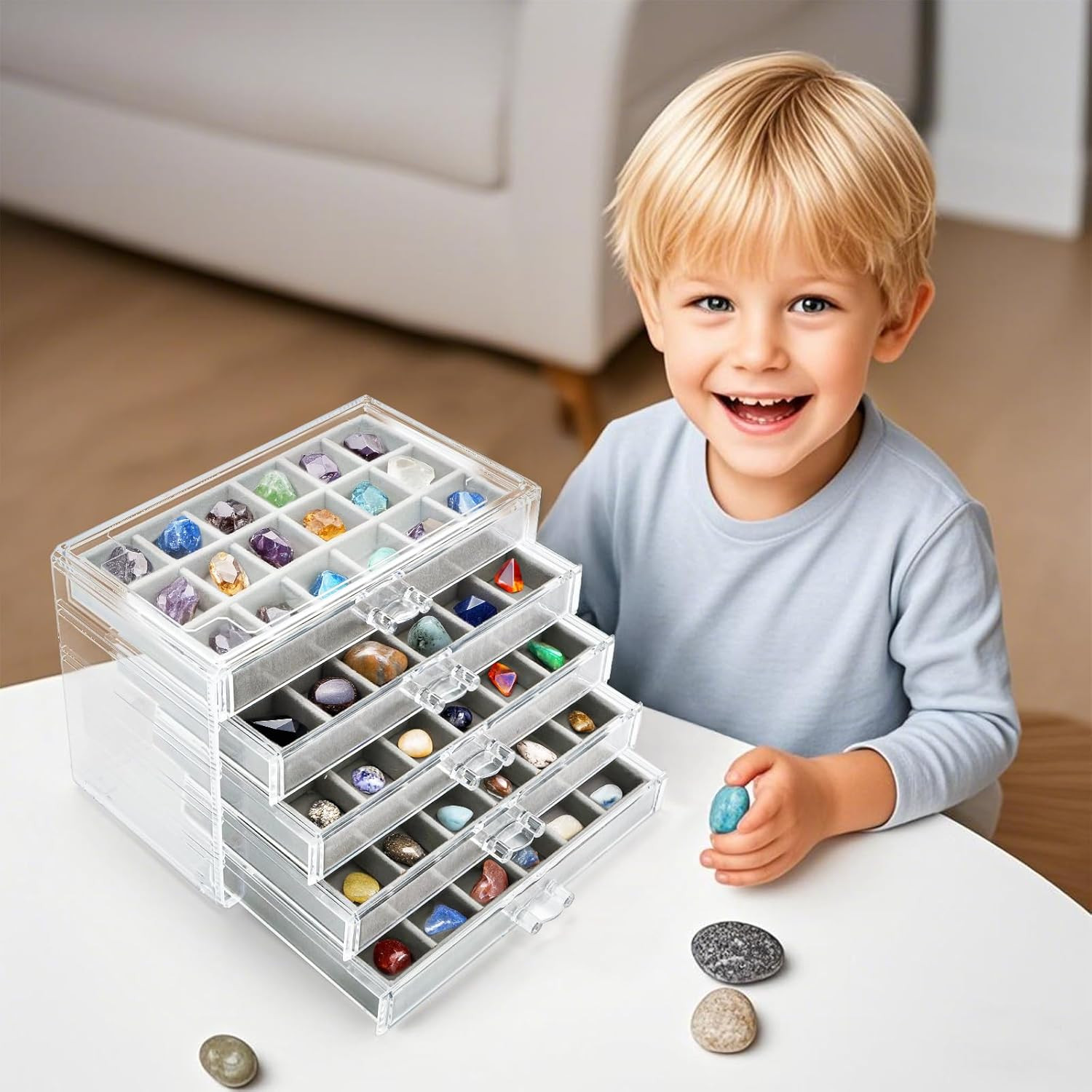 Clear Acrylic Rock Display Case, 5 Layer 90 Grids Rock Collection Case with Adju