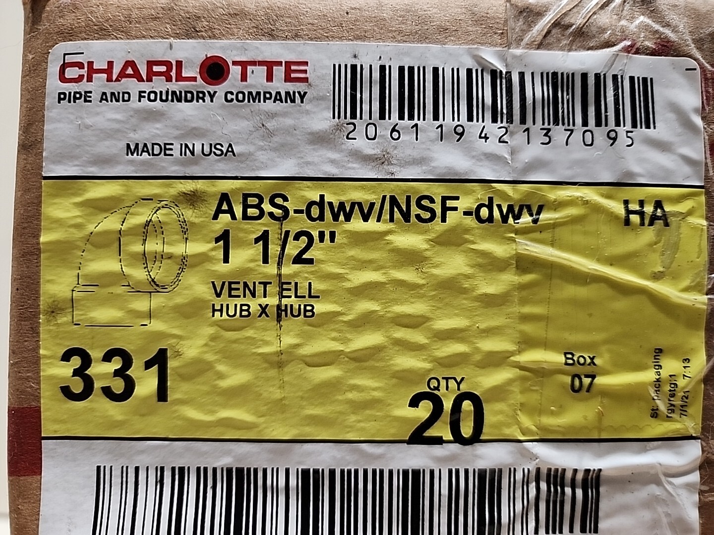 Lot Of 20 Charlotte 331 ABS 90 Degree Elbow 1-1/2" HUB X HUB