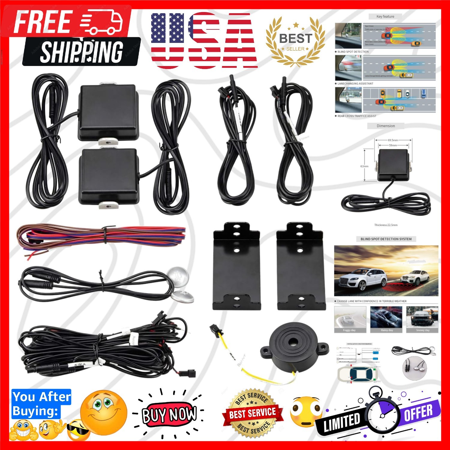 car Blind spot Monitor System Area Detection System Blind spot sensors for Ca...