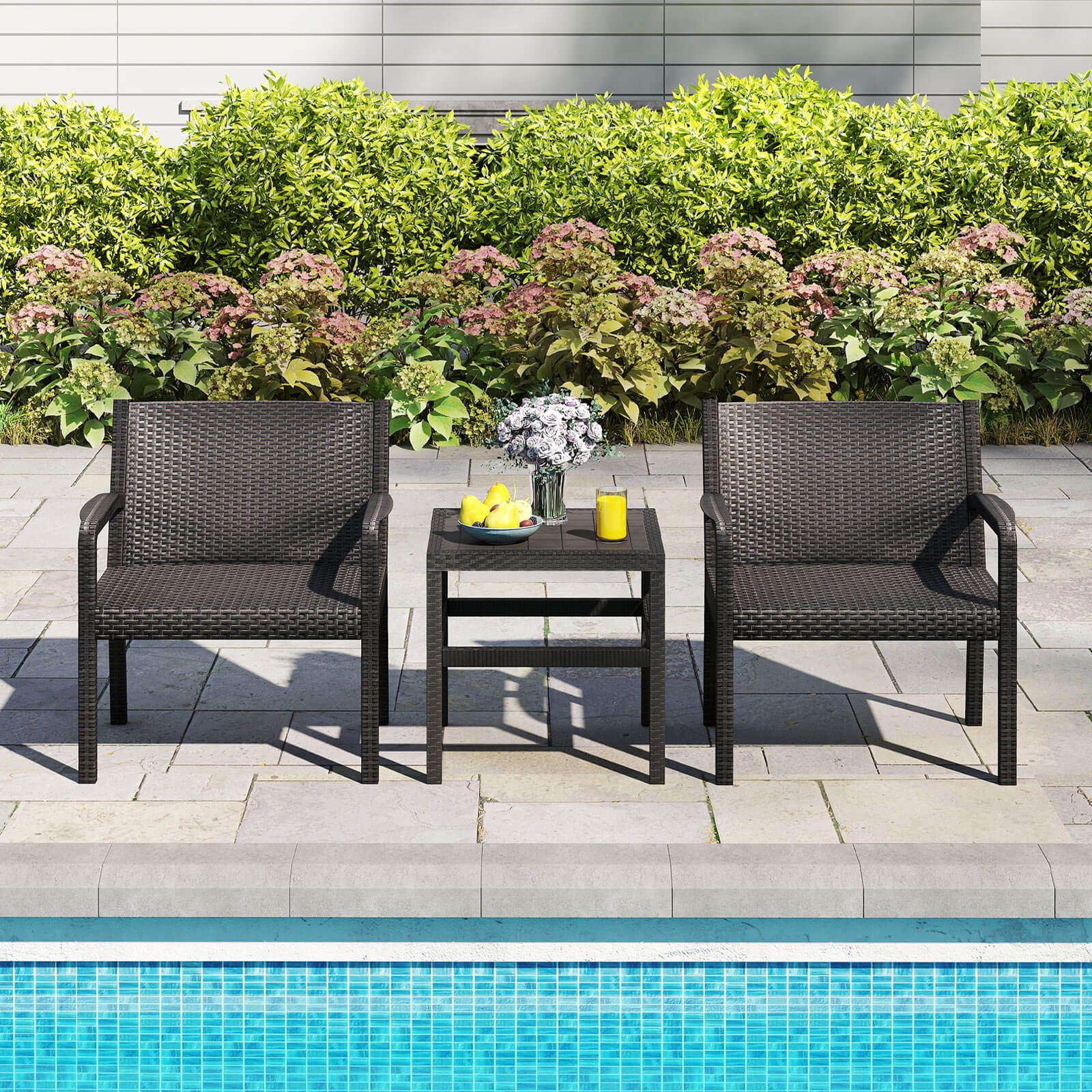 3 PCS Patio Furniture Set w/ 2 Modern Rattan Armchair & 25" Squire Side Table