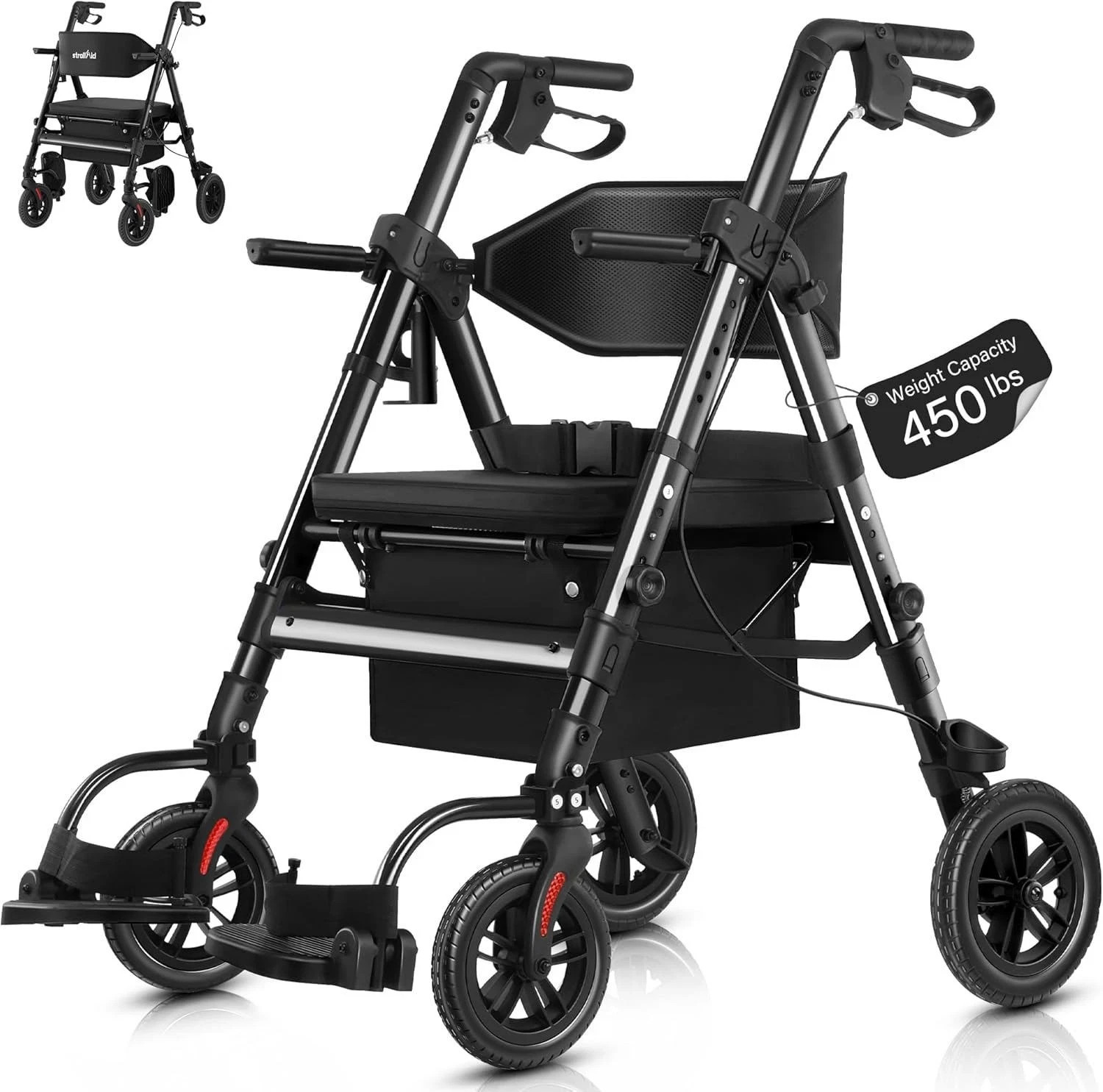 Heavy Duty Walker for Seniors Rollator Wheelchair  450 lb Capacity 10" Grey