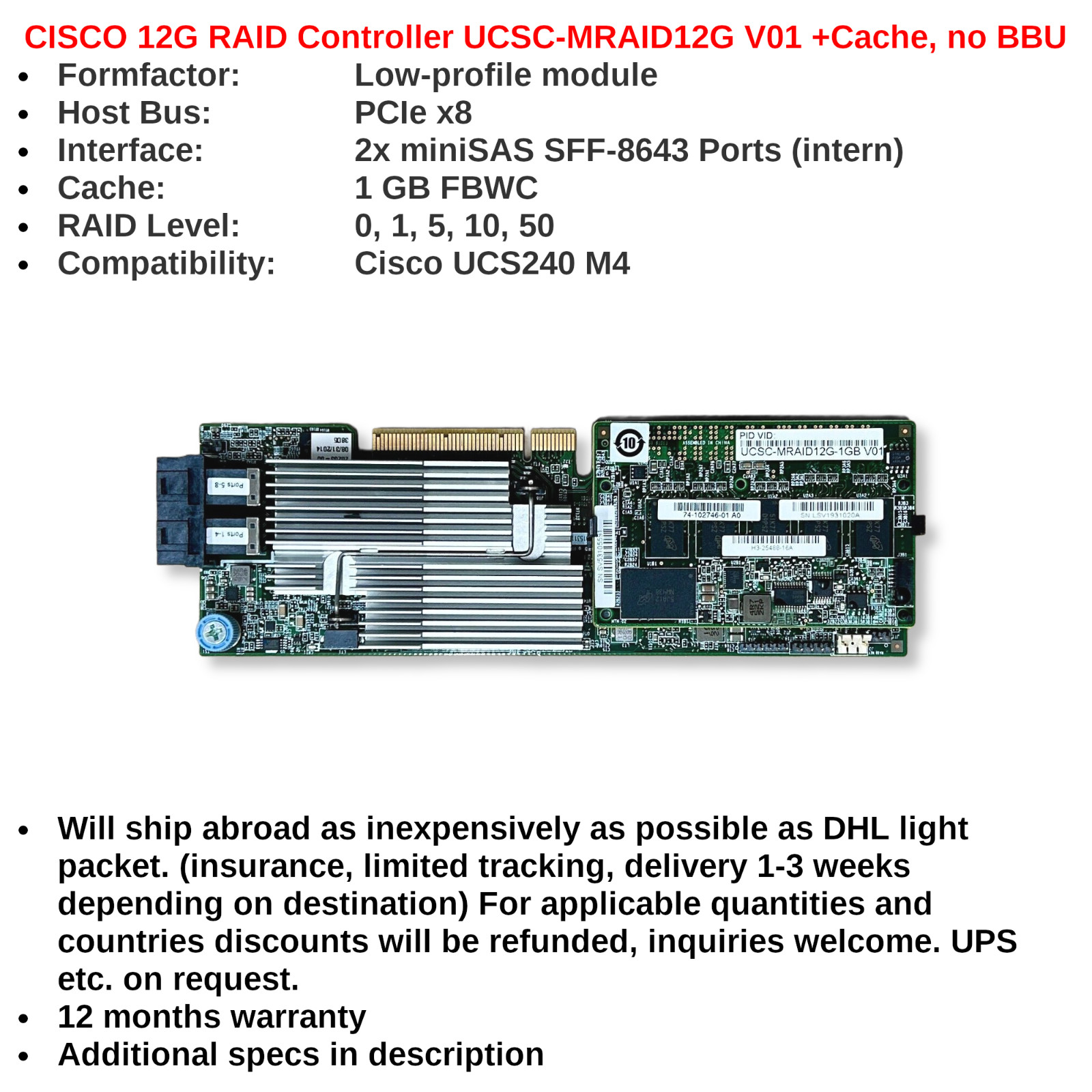CISCO 12G SAS PCIe 74-12862-01 RAID Controller UCSC-MRAID12G V01 +Cache