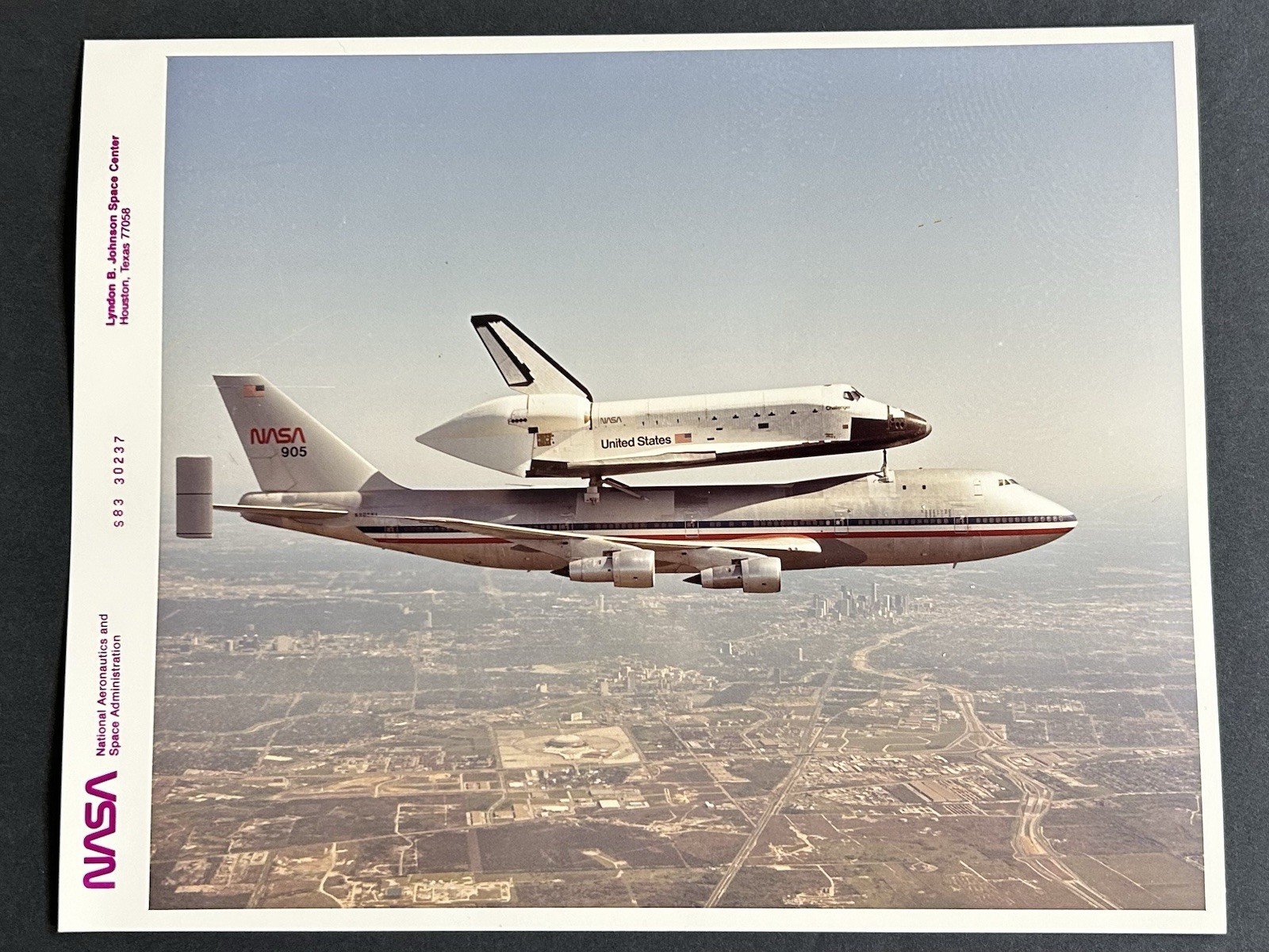 1983 NASA Space Shuttle Challenger STS-6 atop Boeing 747 Aircraft Press Photo