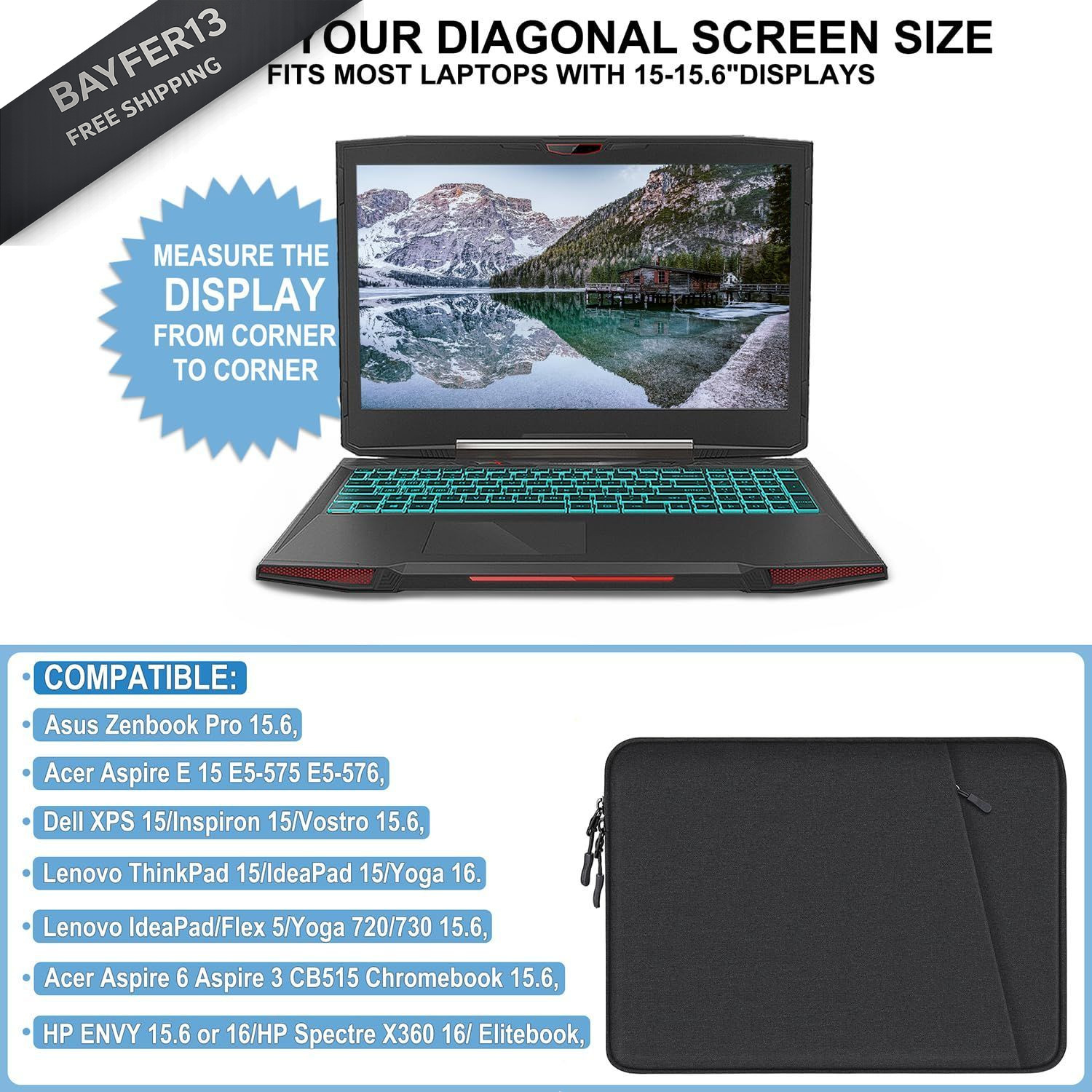 Laptop Case 15.6 inch, Shockproof Protective Computer Sleeve Black
